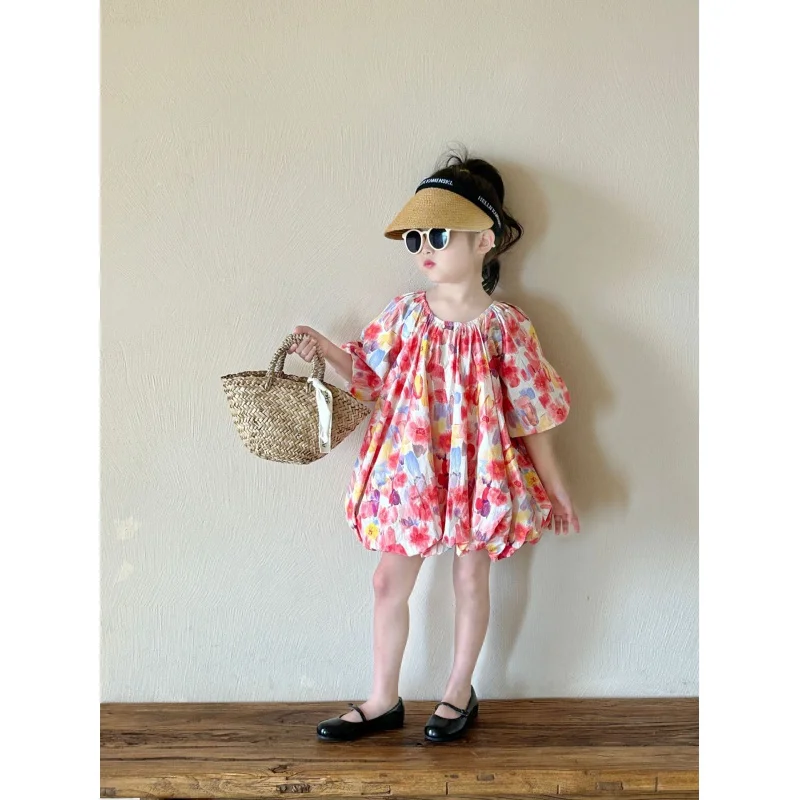 Girls' Dress2024Summer New Little Girl2-7Year-Old Colorful Skirt Children's Short Sleeve Dress Western Style