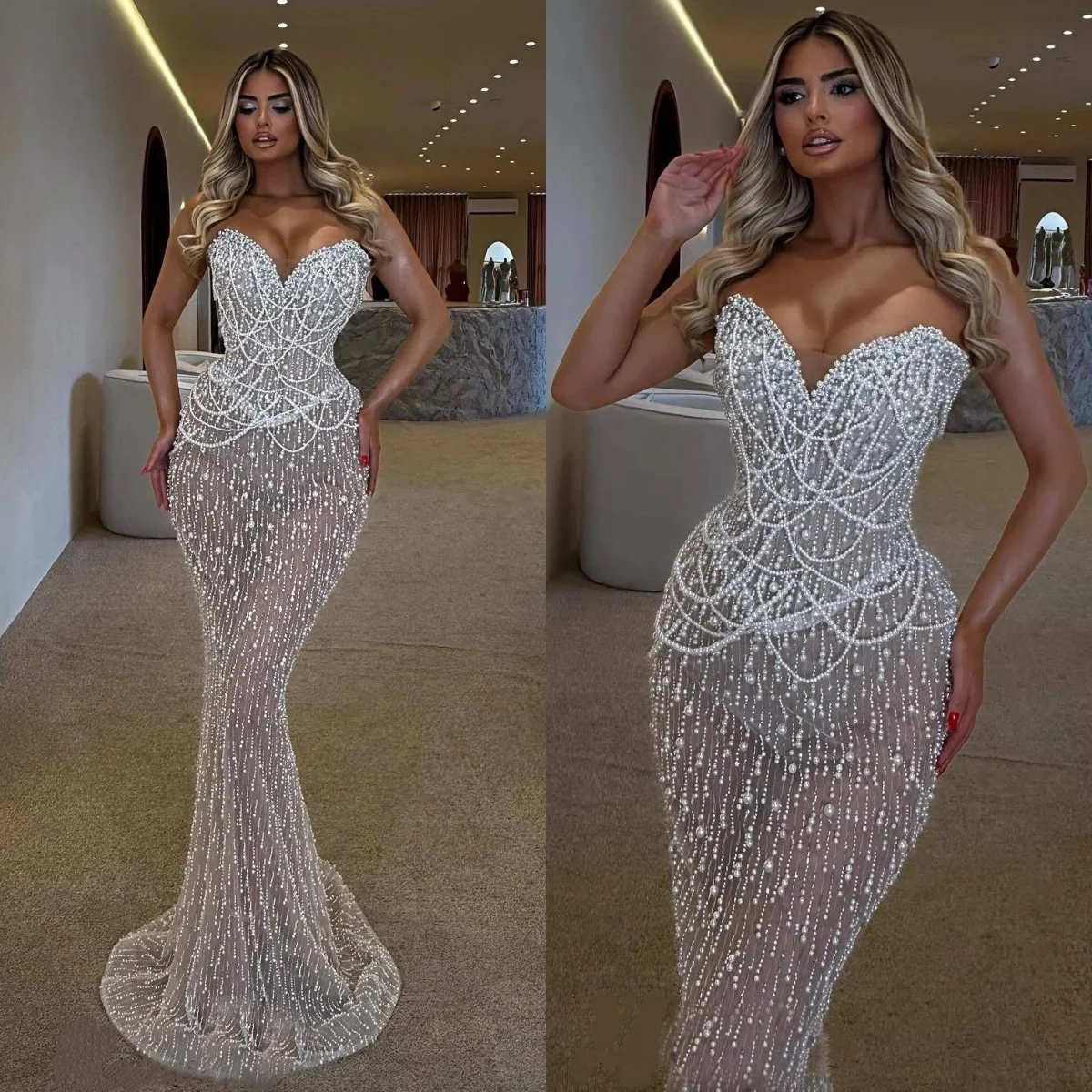 

Stylish Evening Dresses Strapless Pearls Prom Dress Beading See Through Sleeveless Mermaid Party Gowns Vestidos De Noche