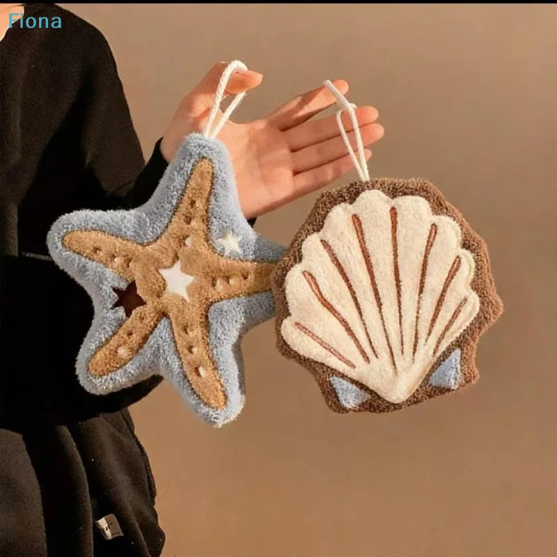✔Hanging Hand Towels,Starfish & Shell Shaped Absorbent Towels,Soft Coral Fleece Kitchen Bathroom Cleaning Cloths