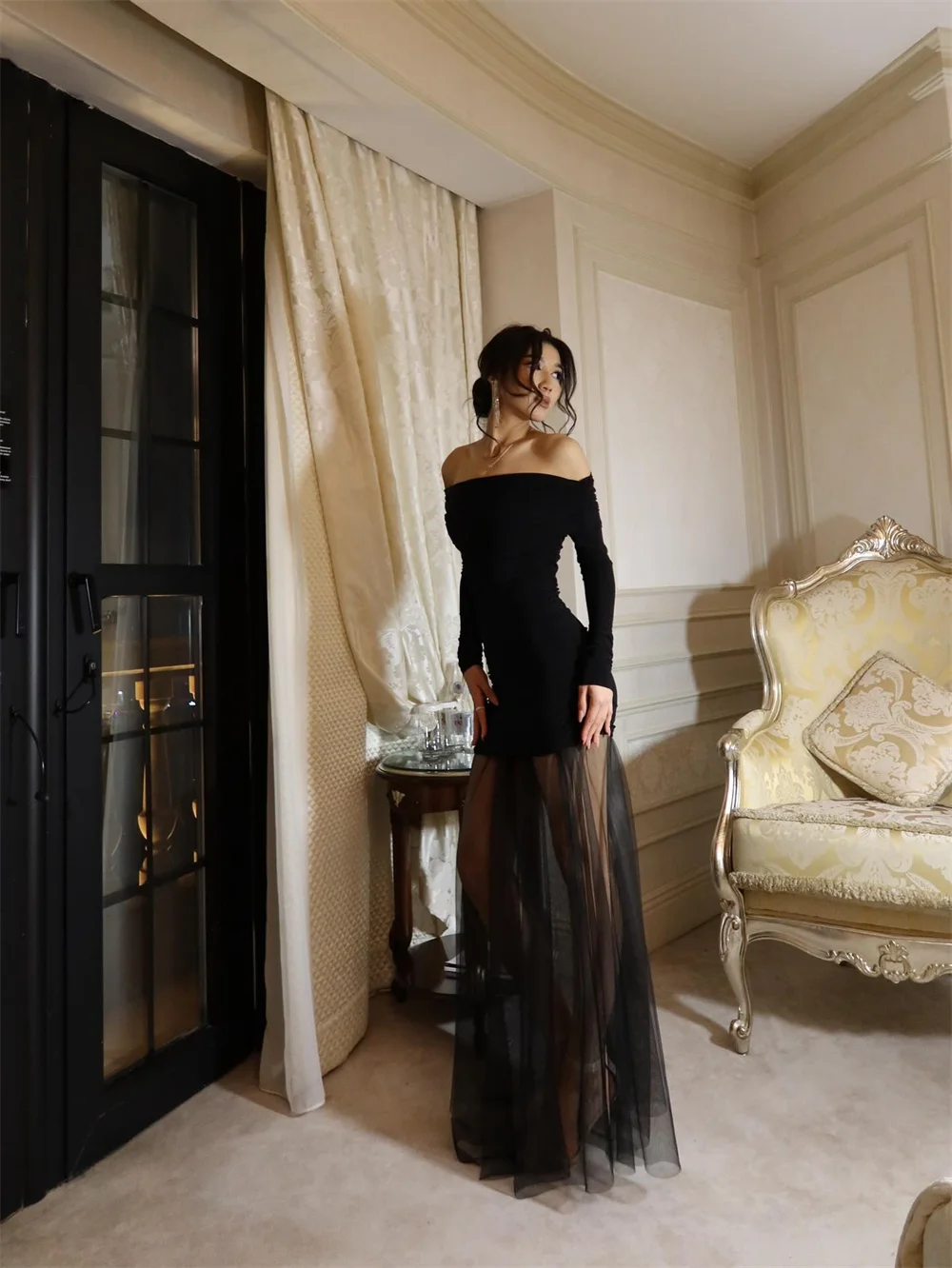 فستان ROYET تول مطوي قبالة الكتف للنساء للحفلات بطول الأرض وأكمام طويلة فستان حفلات رسمي مخصص كلاسيكي فستان سهرة #1