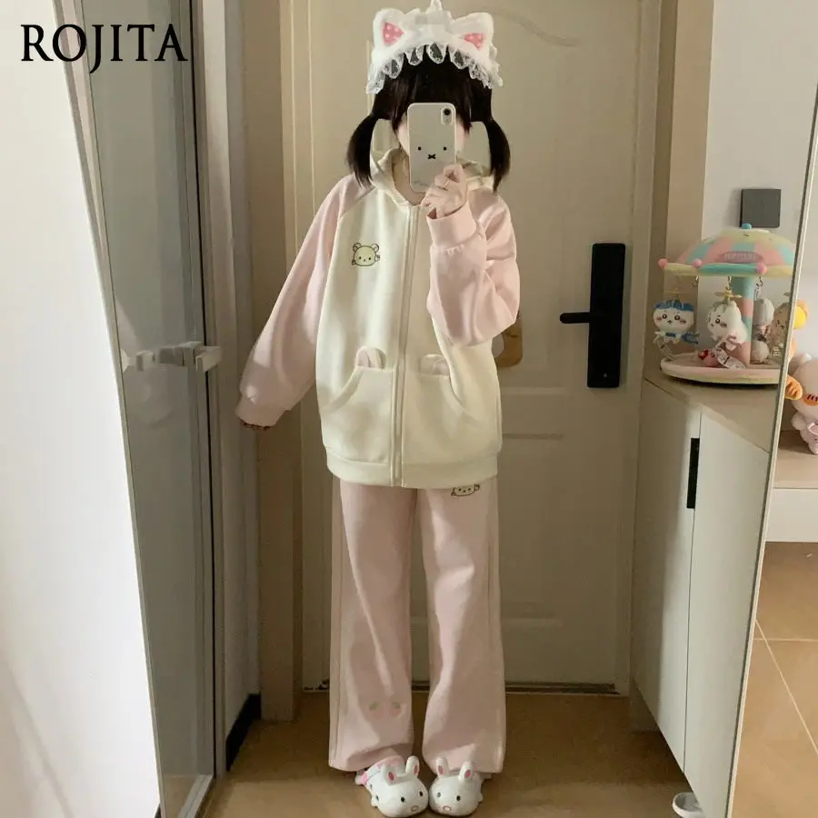

2026 Spring New Japanese Style Soft Girl Sports Set Yellow and Pink Cute Hooded Sweatshirt Jacket and Long Pants for Women
