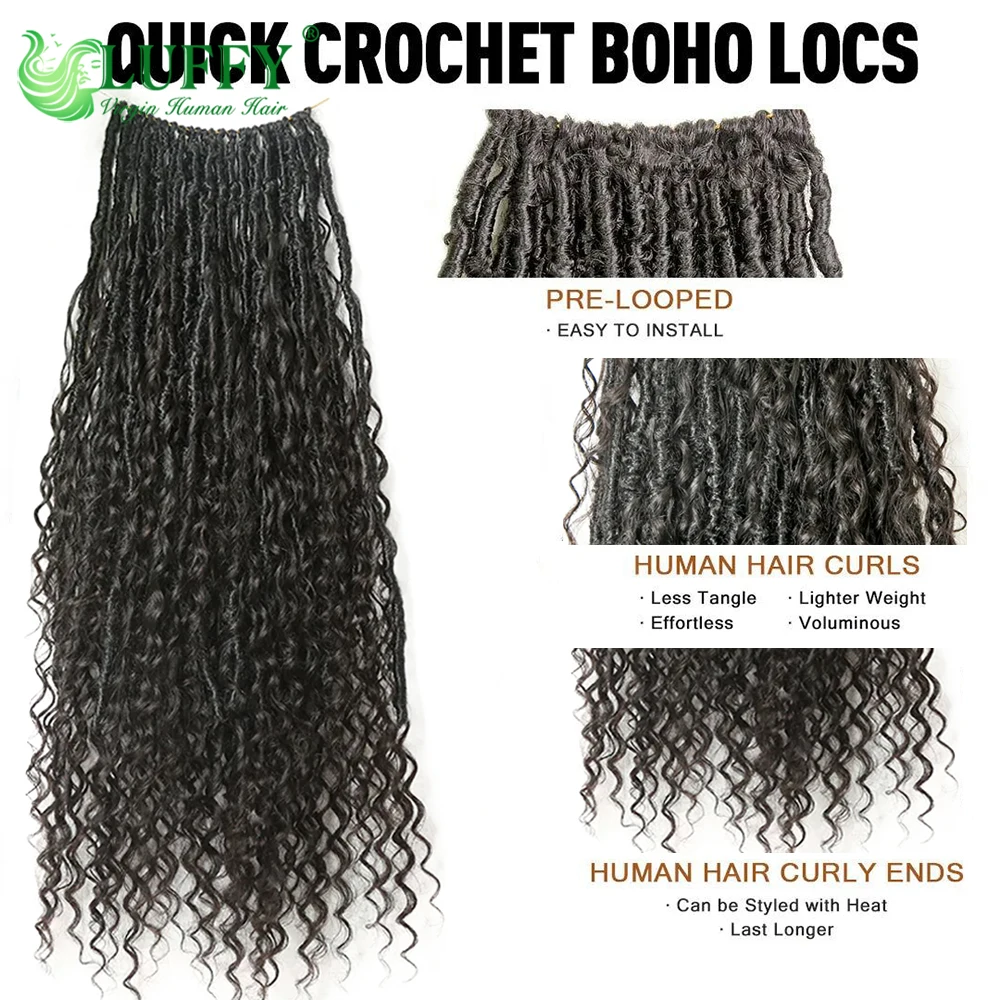 Trenzas Bohemias de ganchillo pre-bucle con rizos de cabello humano, trenzas de diosa Locs, rastas suaves, cabello rizado de ganchillo