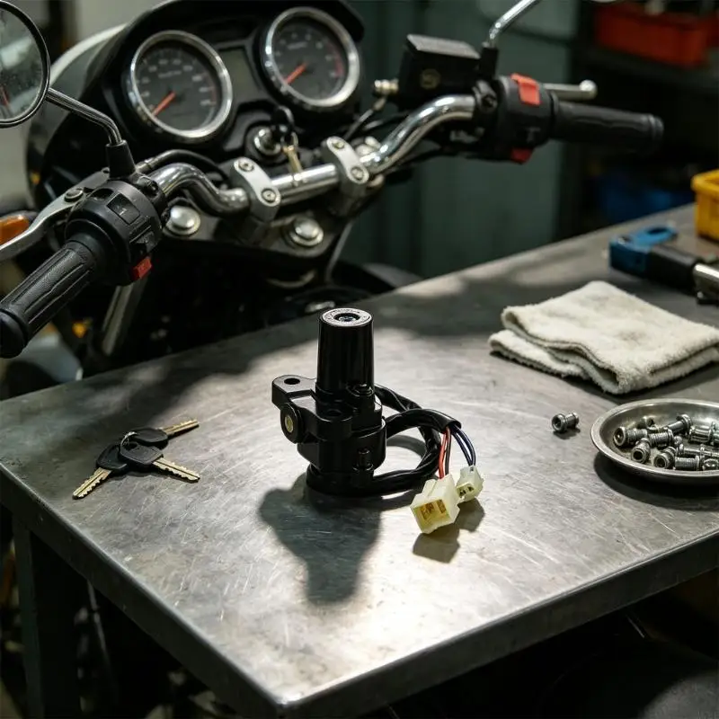 M76E Motorrad-Ersatzschloss mit schwarzem Schlosskörper, silberner Metallkappe, zwei Schlüsseln und zwei elektrischen Kupplungskabelbäumen. – Detail 9