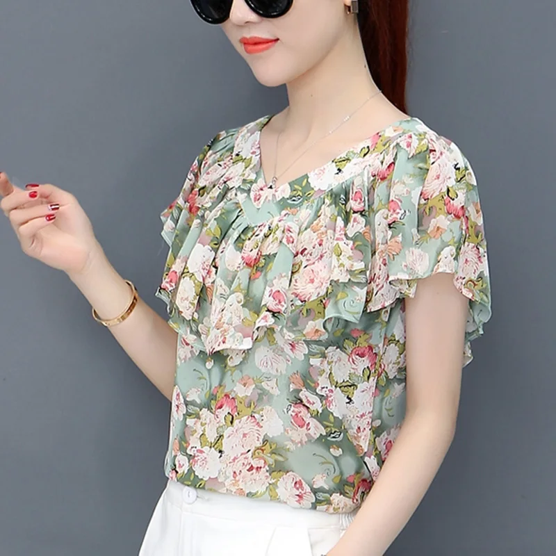 Fashion V-Neck Printed Spliced Loose Ruffles Chiffon Blouse Women\'s Clothing 2023 Summer New Casual Pullovers Office Lady Shirt