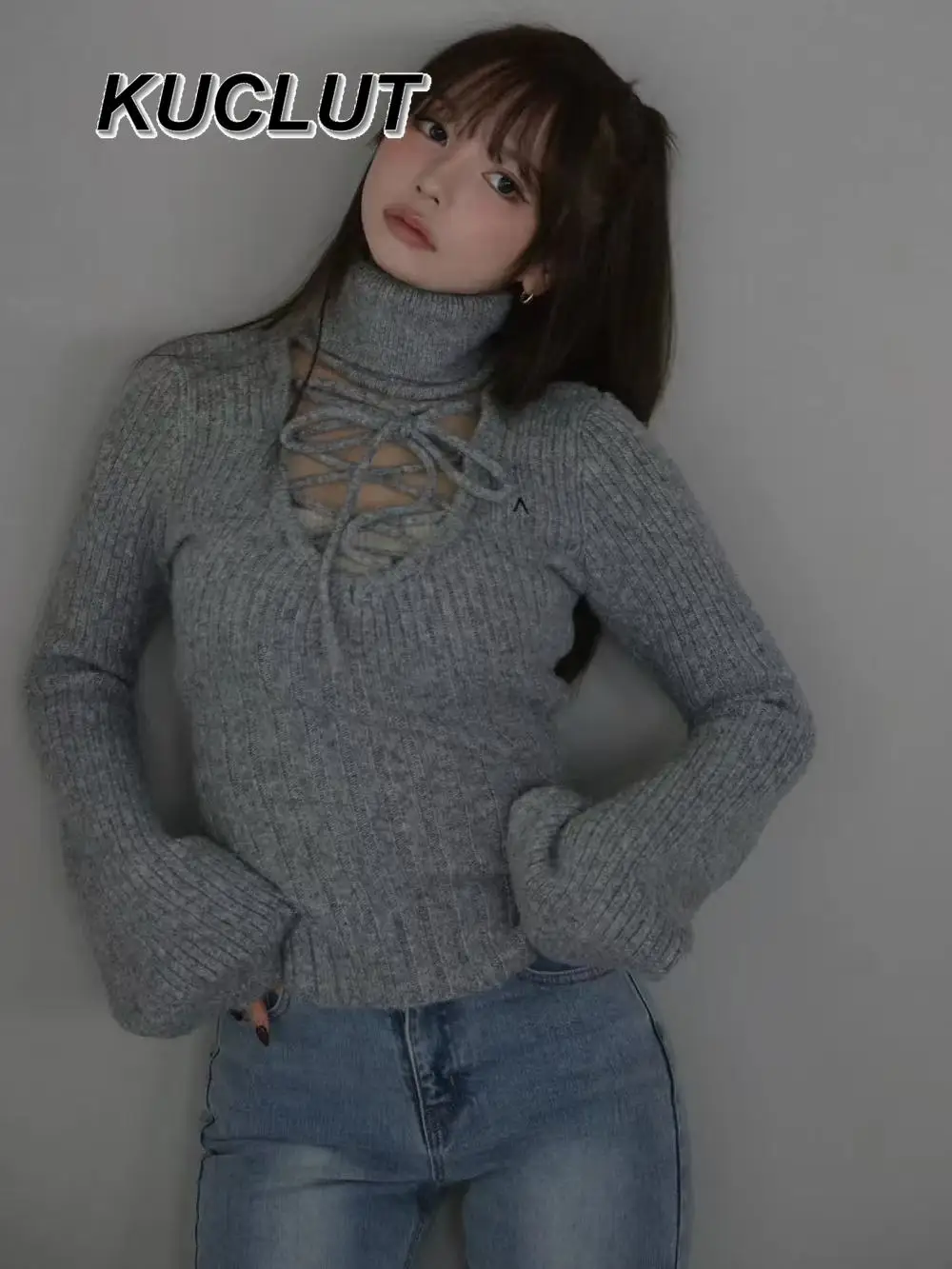 

Japanese Style High Neck Sweater for Women New Autumn and Winter Lace-Up Hollow Lantern Sleeve Knitted Sweaters Top Femme