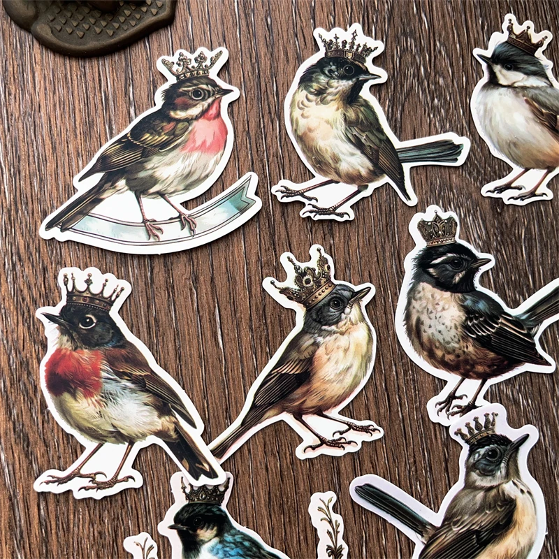 14PCS Retro Crown Bird Stickers DIY Scrapbooking Junk Journal Base Collage Diary Album Gift Decoration