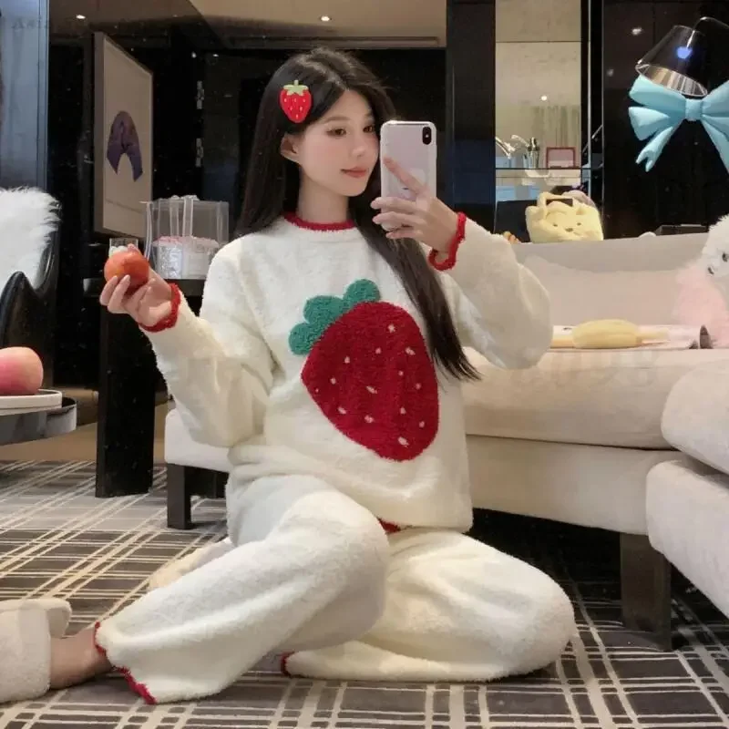 المرجان الصوف الحلو ملابس خاصة لطيف أرنب 2 قطعة منامة بنطلون دعوى فضفاضة مستديرة الرقبة ملابس المنزل الدافئة لينة كسول المتسكعون
