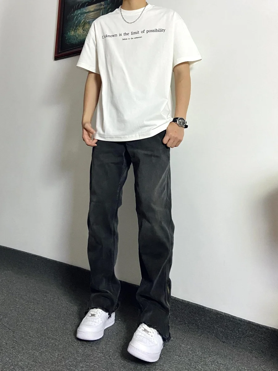 Waed adient Bla Jeans Men's High Street American Vibe Spring Autumn Casual Long Pants Slit Micro Flared Pants