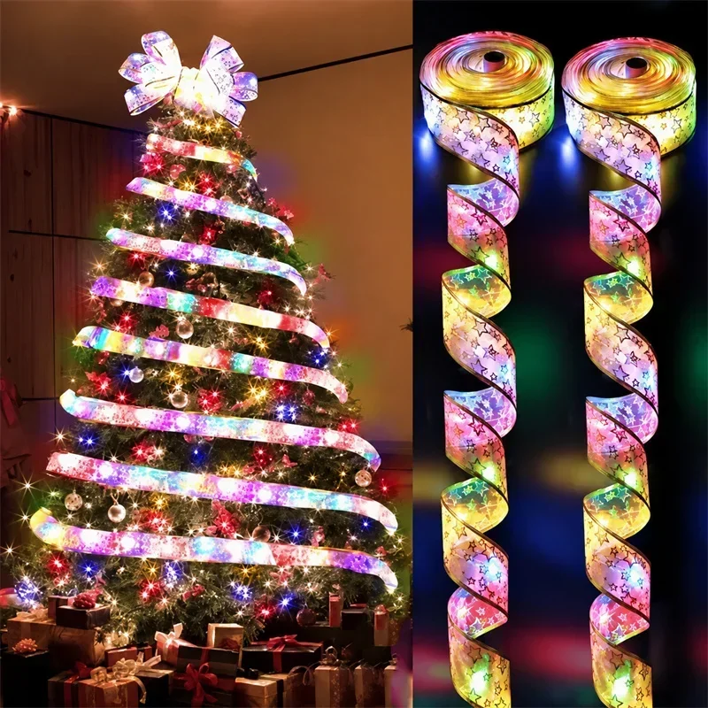 Christmas Ribbon LED Lights Shiny Wave Design Riband String Lights AA Battery Powered New Year Christmas Tree Wedding Decoration