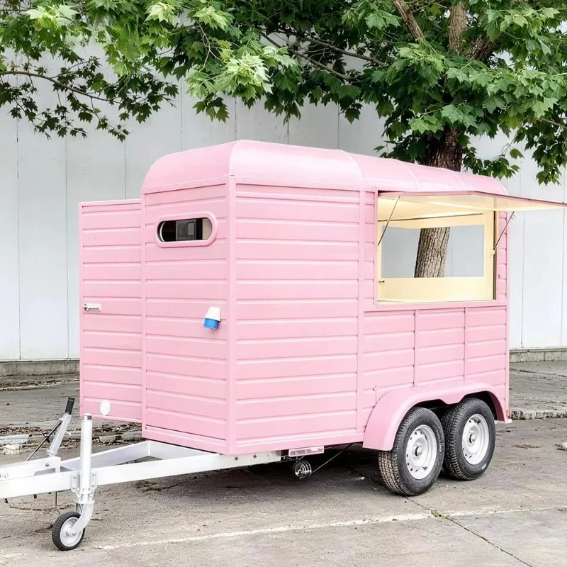 Small Pink Food Truck Horse Trailer Towable Mobile Coffee Juice Dessert Cocktail Bar Concession Trailer For Sale