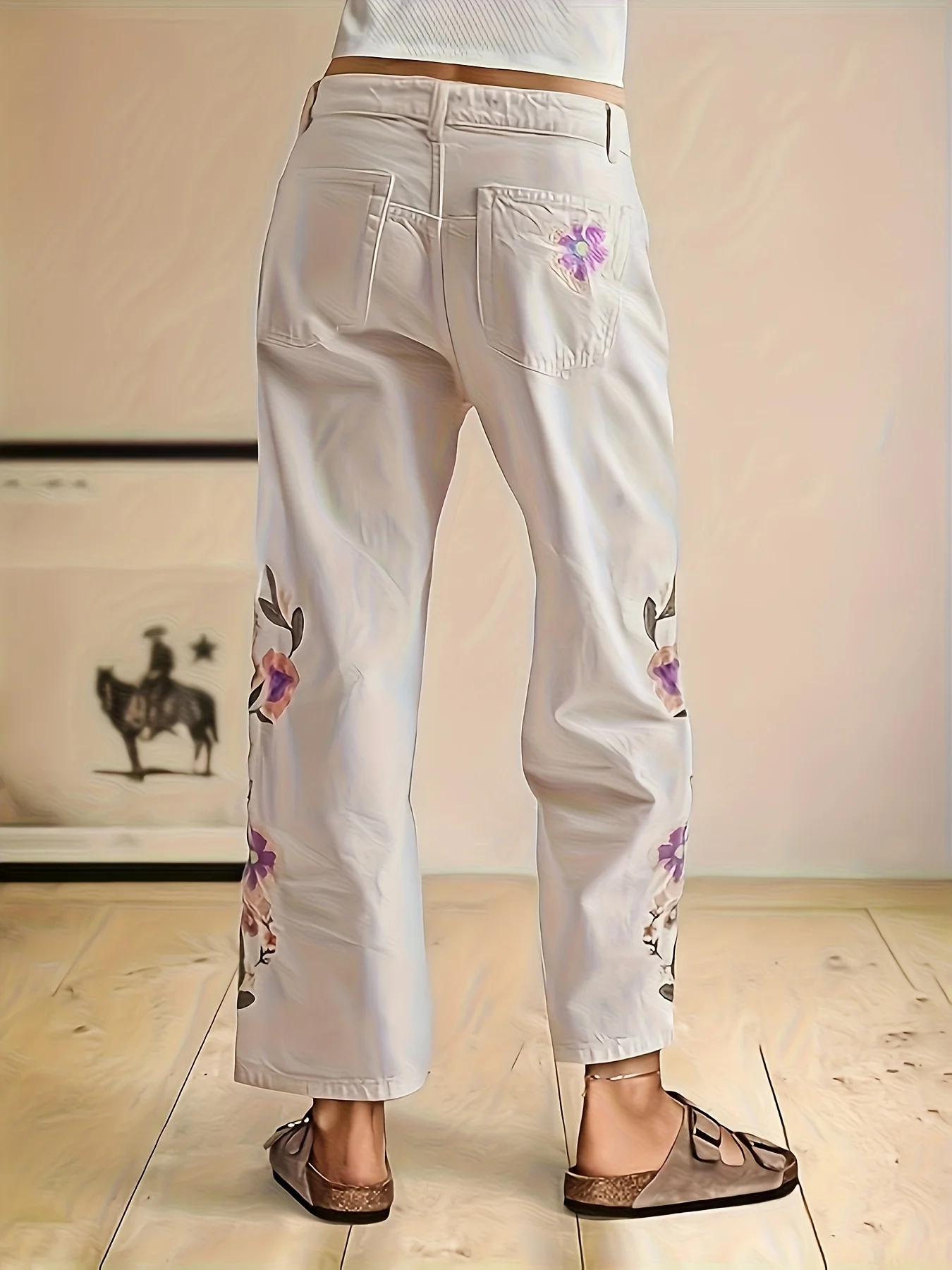 Dżinsy damskie, amerykański styl retro, haftowane kwiaty, dżinsy z wysokim stanem, luźne, proste nogawki, uniwersalne na co dzień (pasek nie jest dołączony)