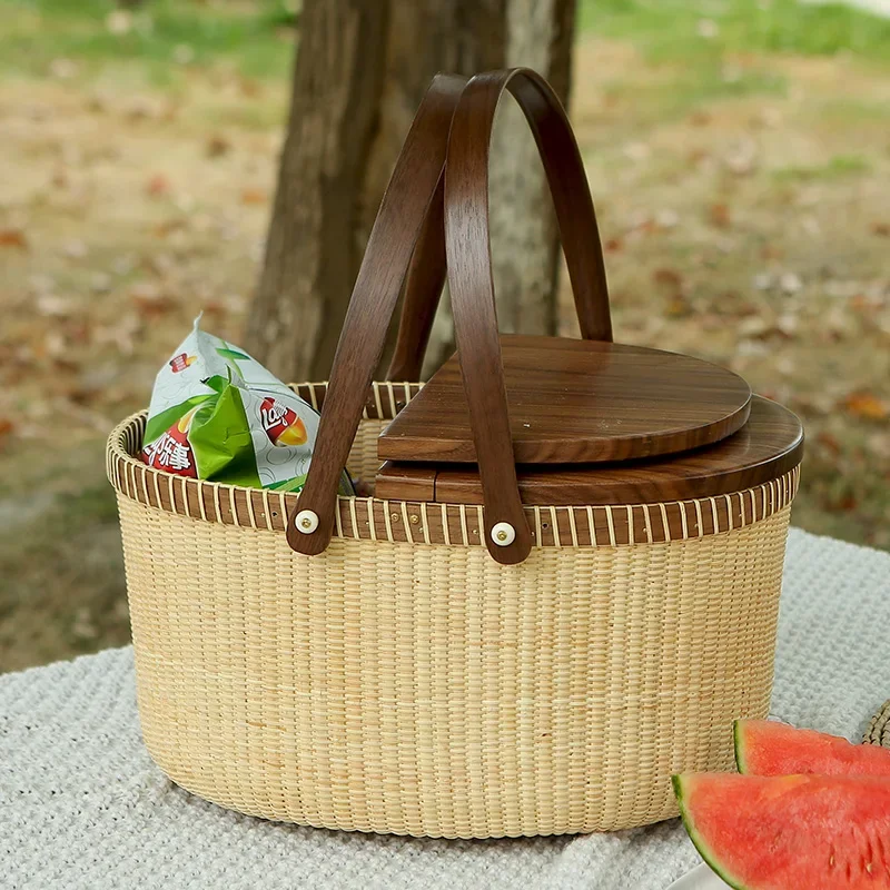 Handmade Rattan Storage Boxes Double Open Lid Design Picnic Case Dustproof Fruit Baskets Versatile Practical Organizer Baskets