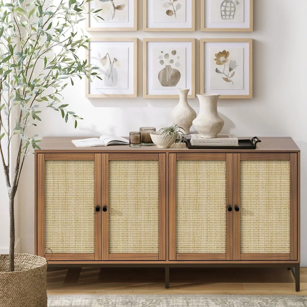 

Rattan Sideboard Buffet Cabinet, Walnut Storage Credenza Accent Cabinet with 4 Doors, Mid-Century Modern Console Table w/Open We
