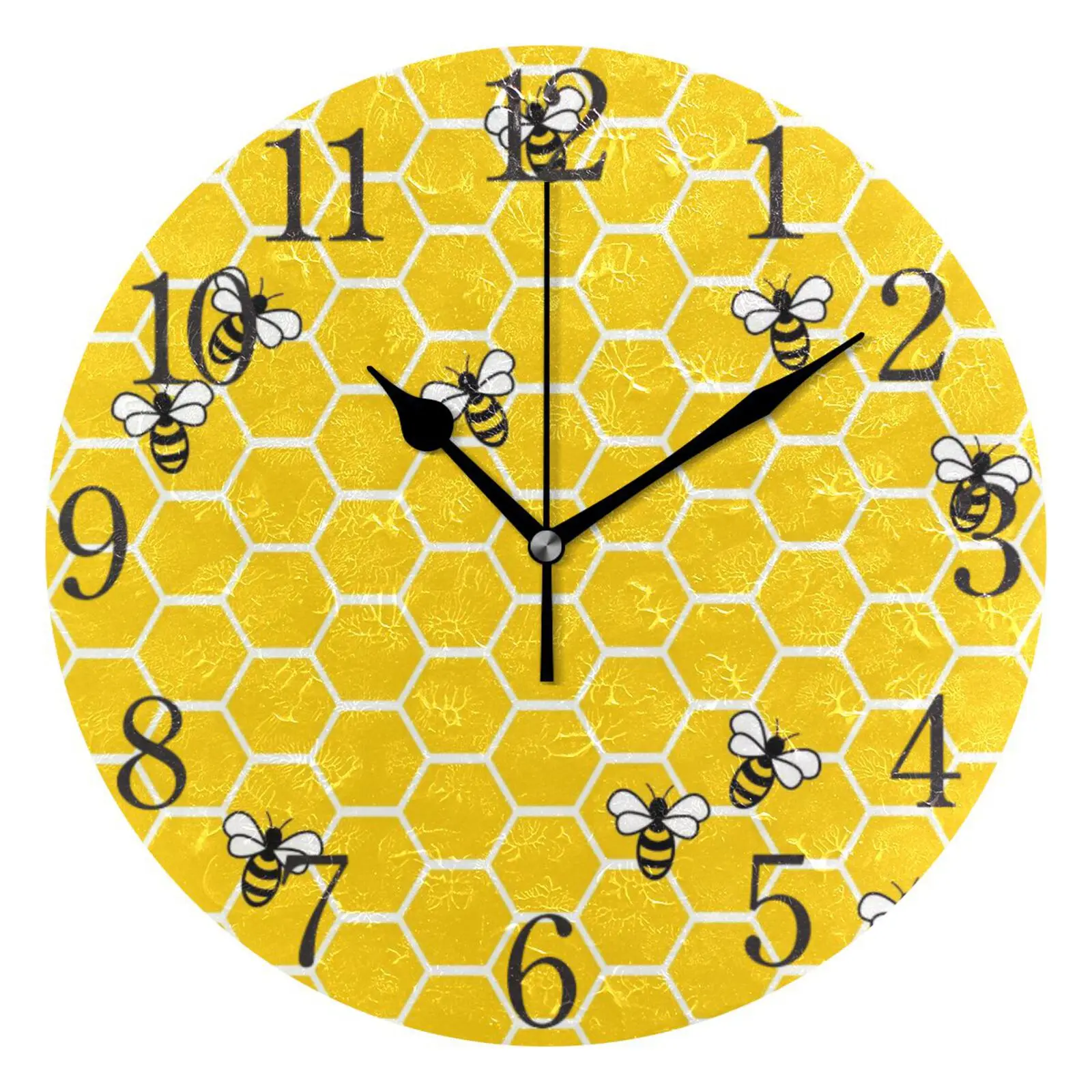 Yellow Bees And Honey Quiet Wall Clock Round Battery Operated Non Ticking Silent Quartz Analog Hanging Wall Watch Home Decor