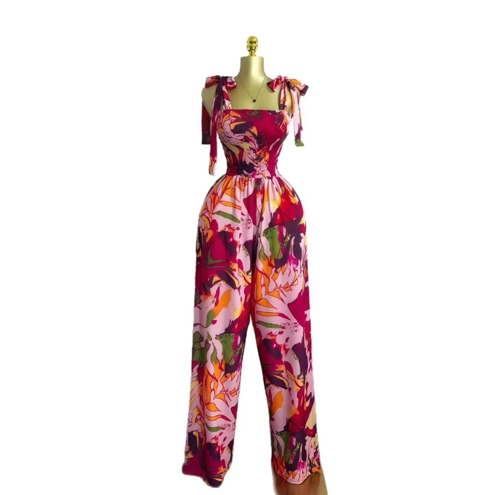 Frauen Ärmellose Bowknot Spitze-up Liebsten Taille Cinching Lange Gedruckt Overall Sommer Strand Boho Urlaub Ein Stück Anzug Strampler