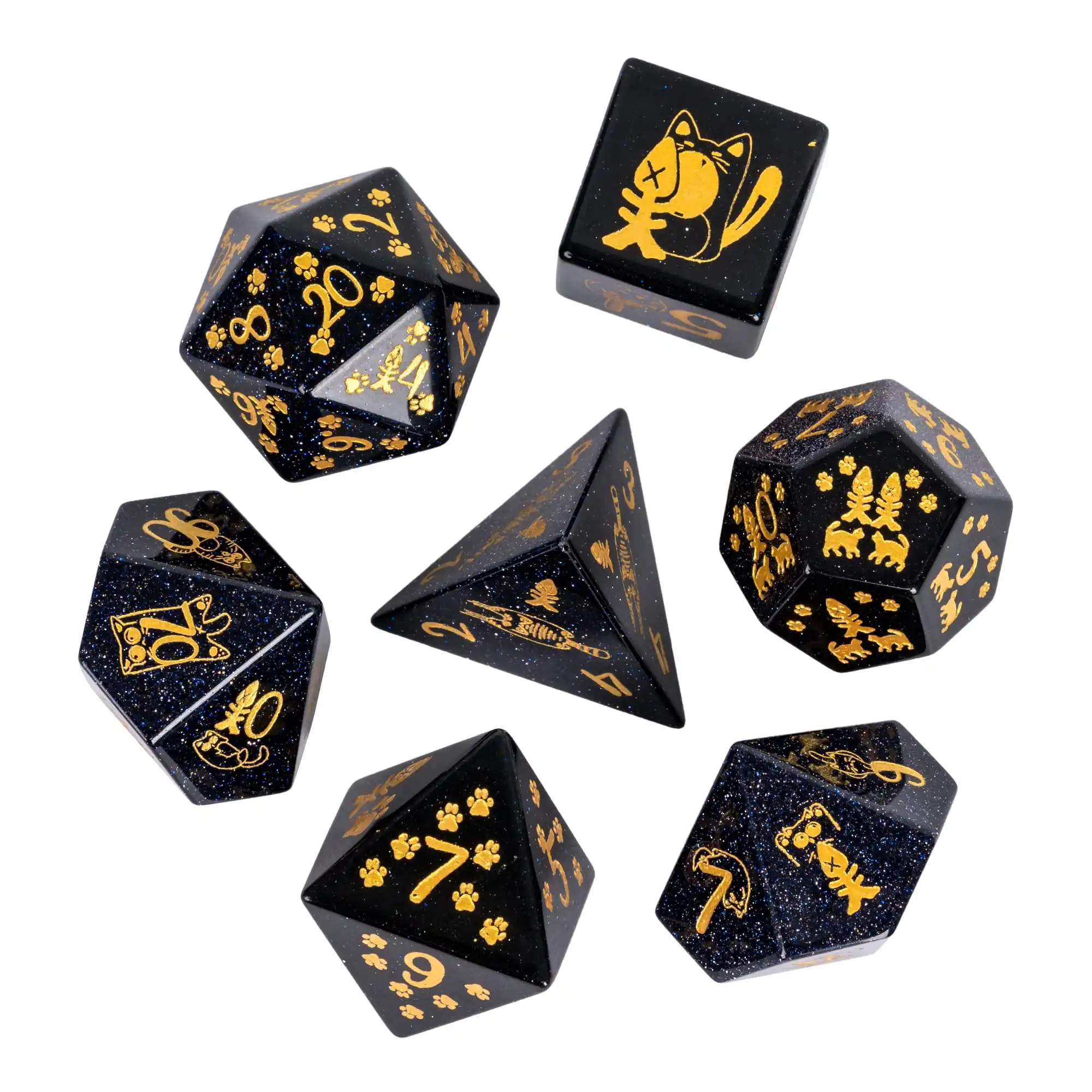 Cusdie Cute Cat Stone Dice, Handmade 16mm Polyhedral Gemstone Dice Set with Box, 7Pcs D&D Dices for Board Game Collection Gift