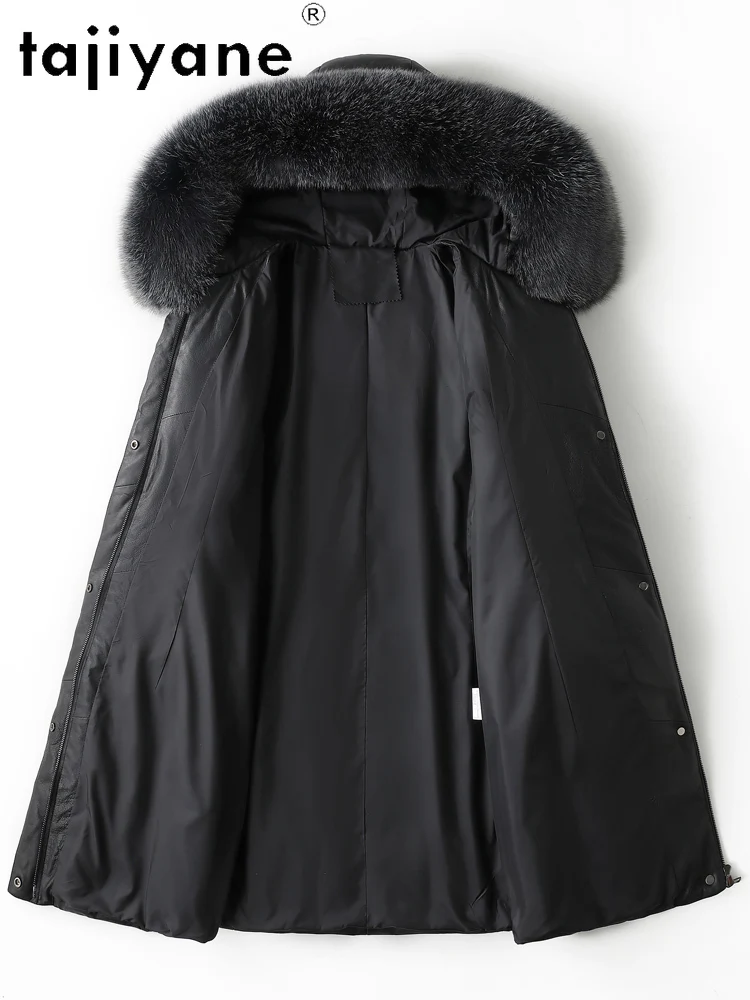 TAJIYANE 100% أعلى الحبوب جلد الغنم أوزة أسفل معطف طويل الجلد الحقيقي سترة منفوخة النساء مع الثعلب الفراء طوق 2025 الملابس الشتوية