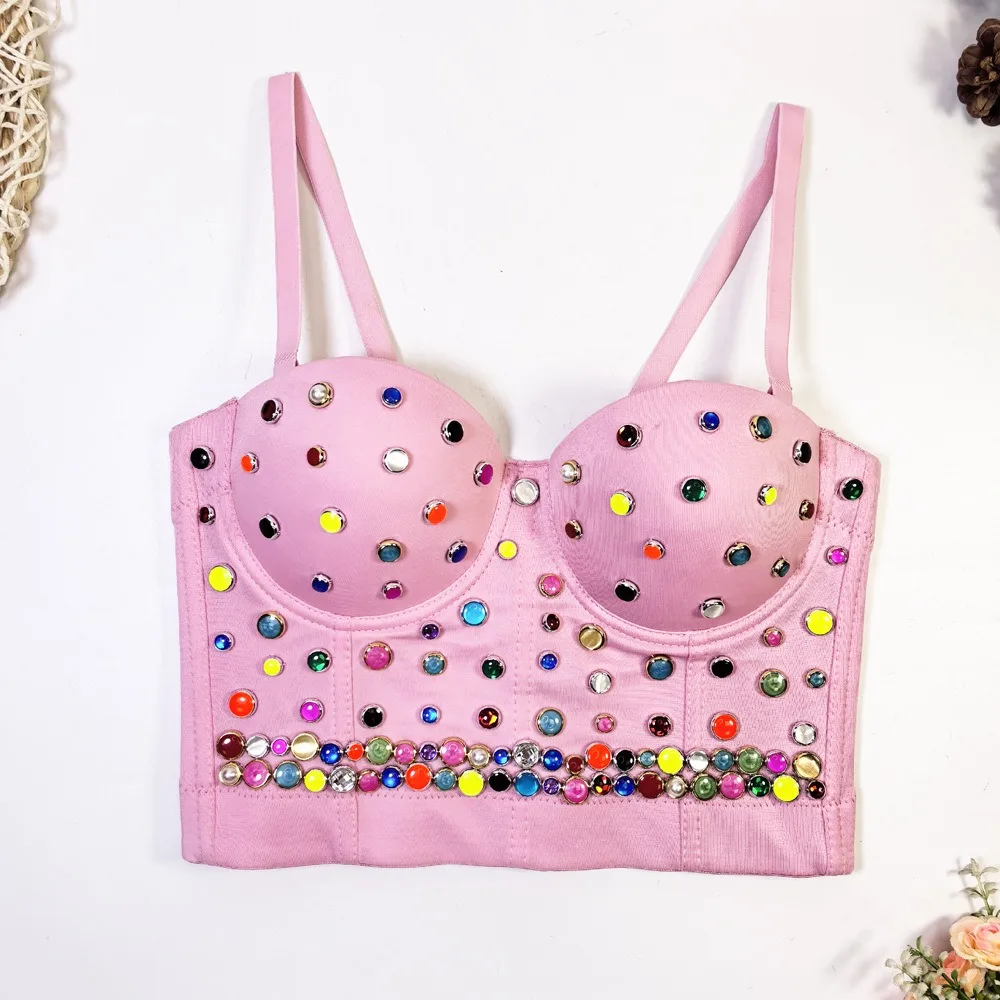 IRENE TINNIE 2024 클럽 폴 댄서 크롭 탑, 화려한 구슬 장식, 섹시한 뷔스티에, 탈착식 스트랩, 푸시업 브라, 짧은 코르셋