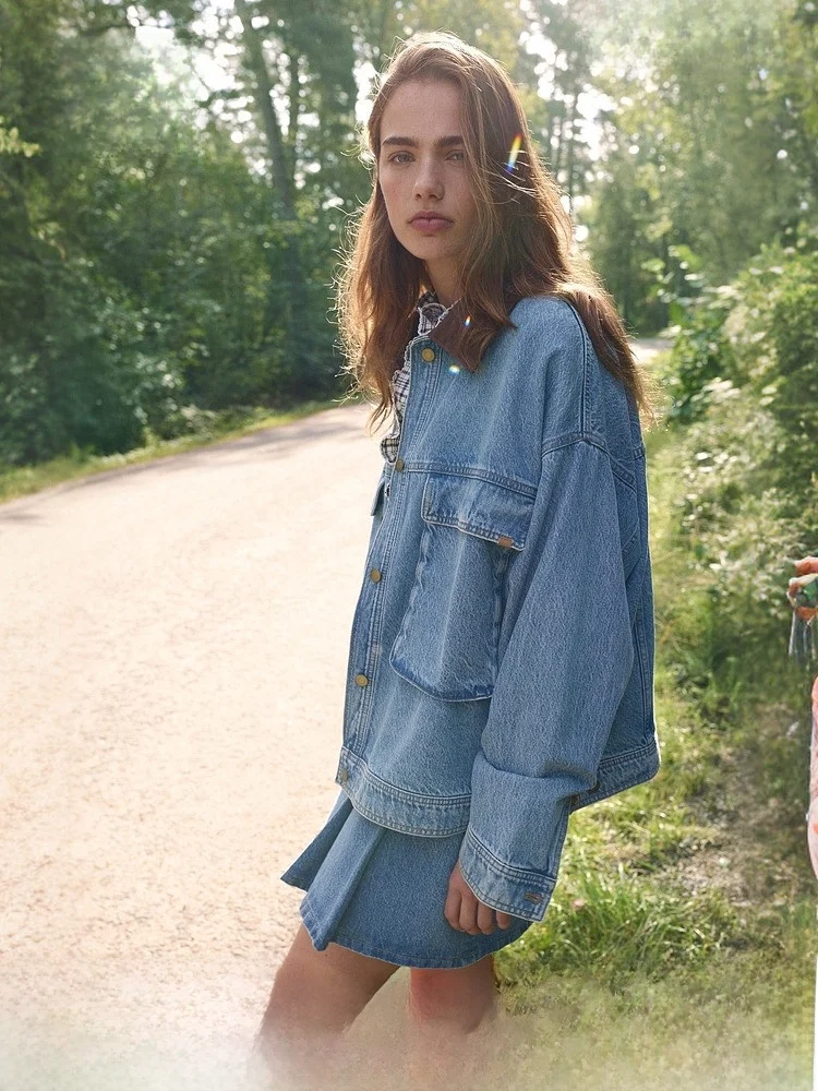 

Женская джинсовая куртка H&M оверсайз в американском стиле, укороченная, летняя, модная, 100% хлопок, универсальный стиль, женское пальто