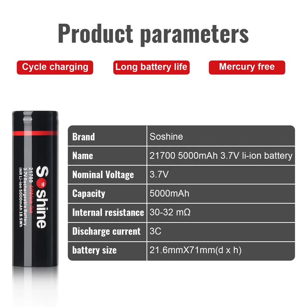 Soshine 21700 5000mAh Rechargeable Power Battery 3.7V 21700 3C Discharge Li-ion Battery for Microphone Flashlight Remote Control