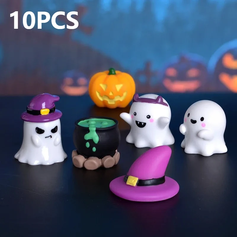 10PC Halloween Mini Resin Ghost Figurines Witch Hat Pumpkin Cauldron Fairy Garden Micro Landscape Desk Ornament Party Decor Gift