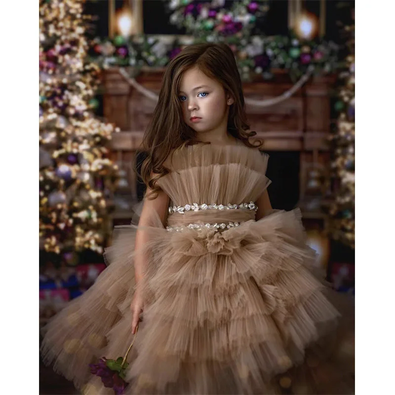 

2023-51Stunning Tulle Flower Girl Dresses For Wedding Pearls Tiered A Line Illusion Sleeves Kids Prom Gown First Communication