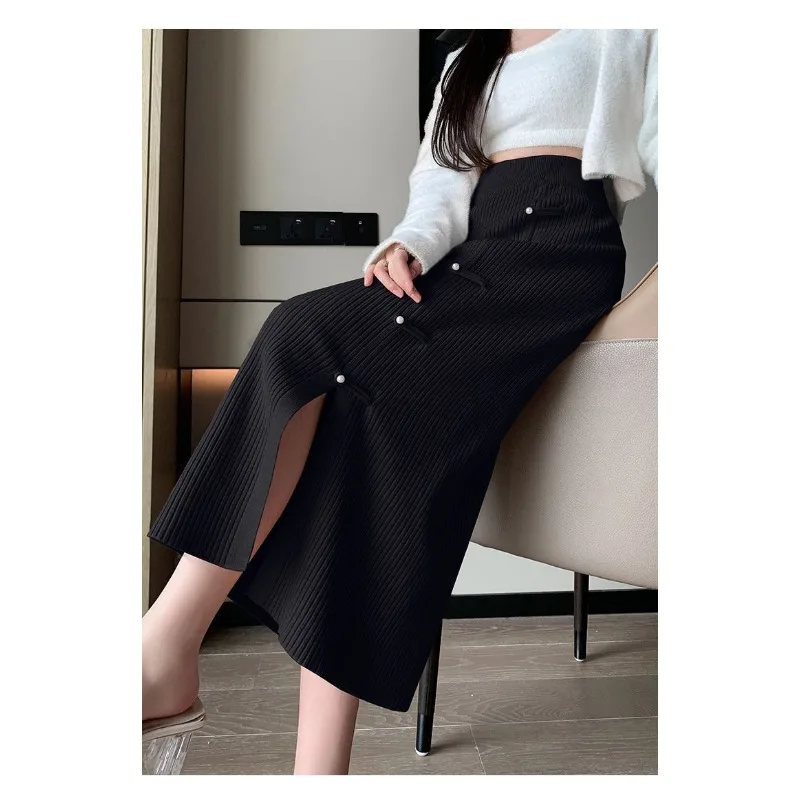 New Chinese Style National Style Knitted High-end Skirt Women's Spring Autumn Slit Hip Retro Mid-length