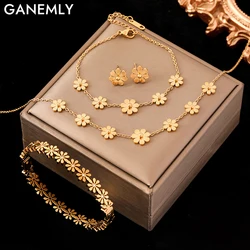 GANEMLY 316L Stainless Steel Daisy Flowers Necklace Earrings Bracelets For Women Fashion Waterproof Jewelry 4-Set Lady Gift