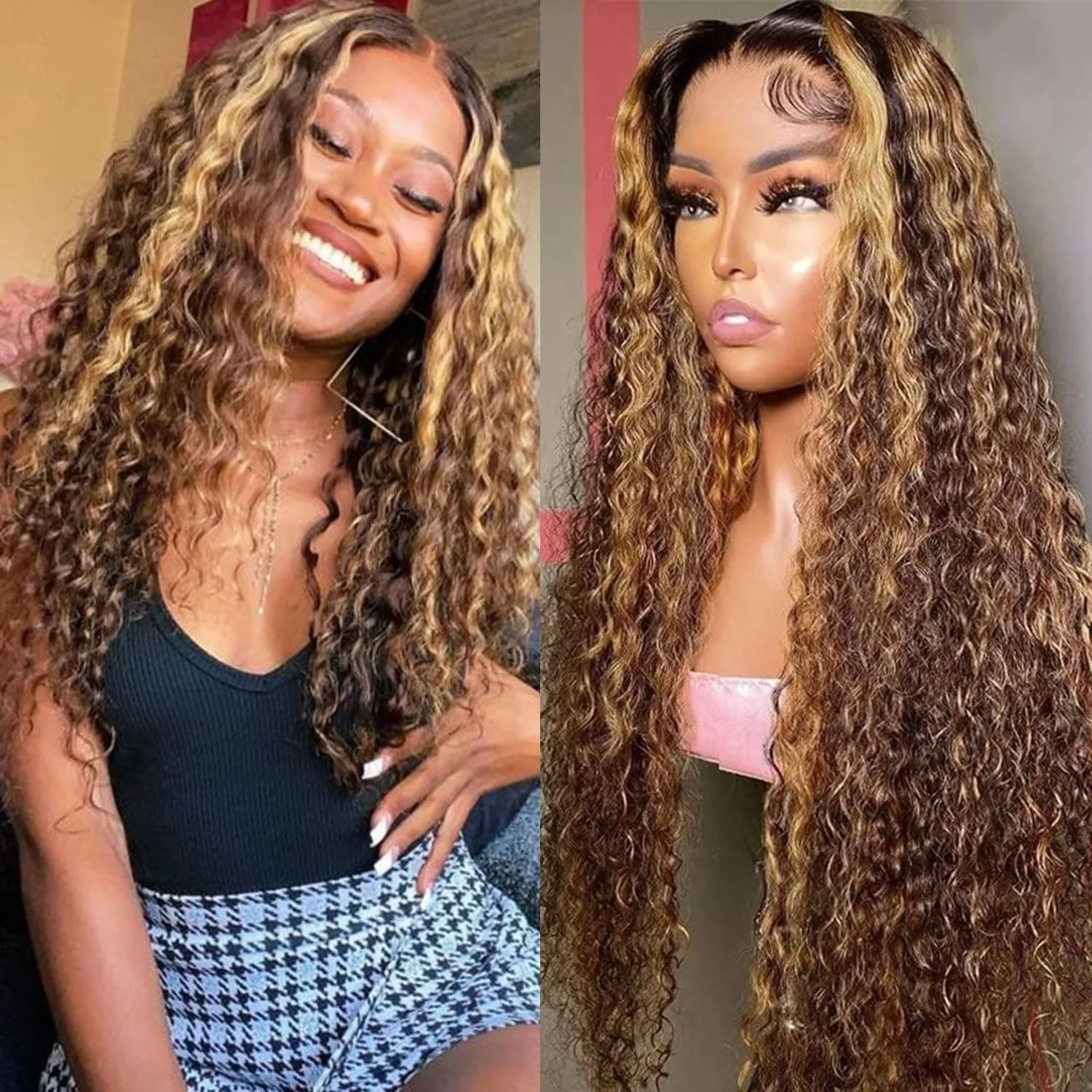 

220 Density Honey Blond Deep Wave Highlight Lace Front Wigs Human Hair Transparent 13×4 Pre Plucked Frontal Wig For Women 4/27