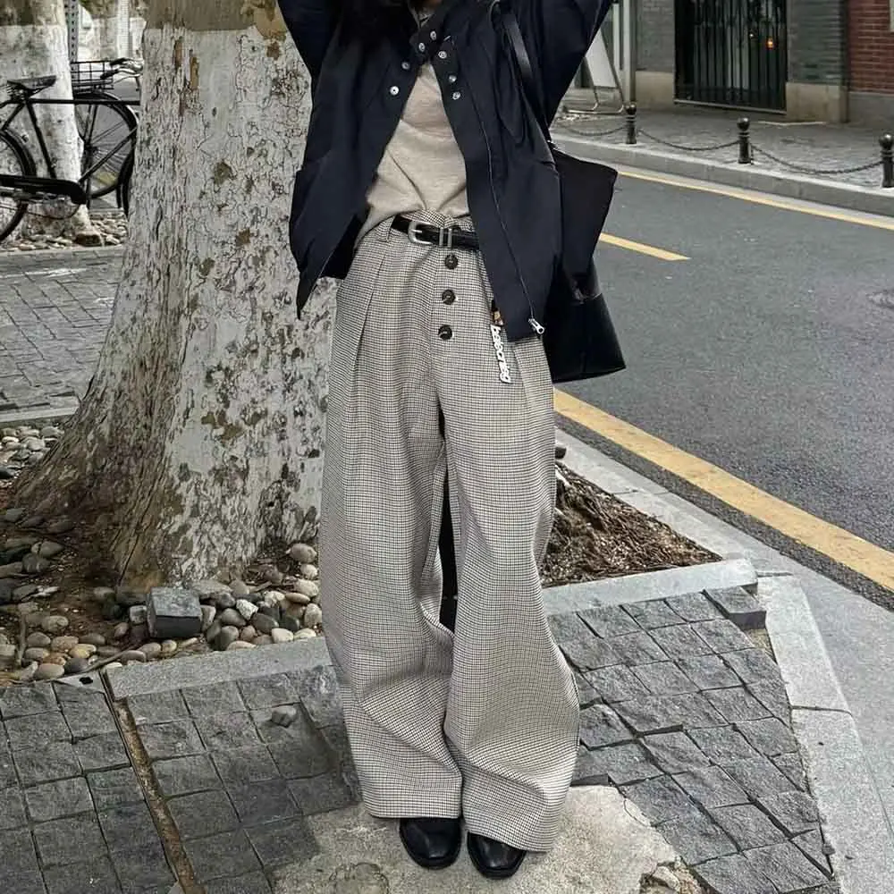 冬の新作メンズ千鳥格子ストレートスーツパンツアメリカンレトロファッショントレンドハイストリートカジュアルルーズニッチメンズボトムス