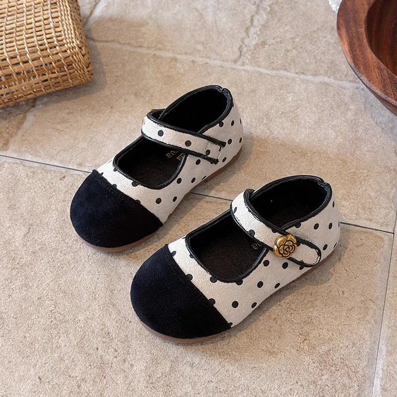 Dot Patchwork Baby Girls Princess Shoes PU Vintage Hook Loop Children Flats Shoes Party Anti Slip Toddler Kids Mary Janes
