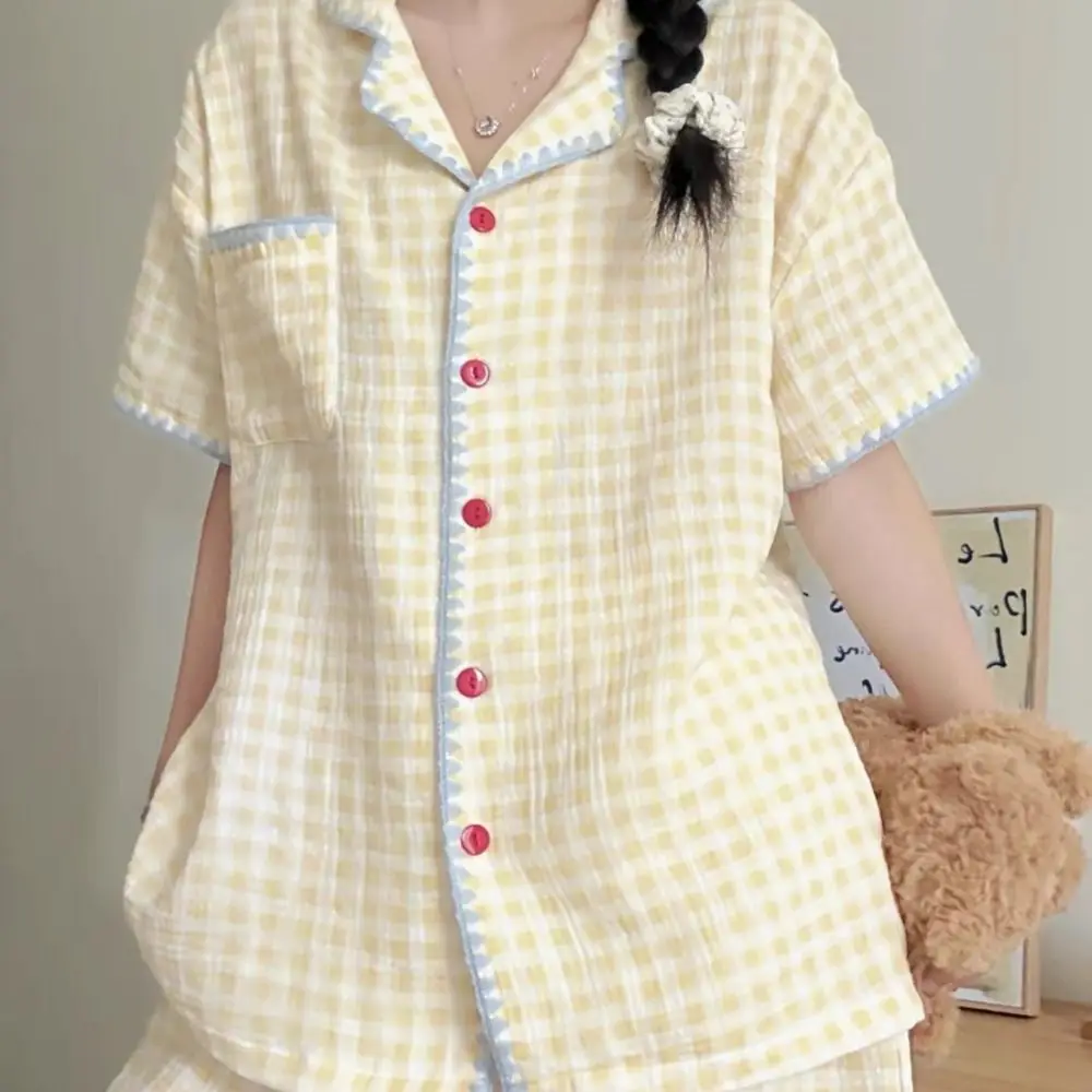 

Sweet Sweet Plaid Pajamas Set Summer Thin Lattice Short Sleeve Pajamas Home Wear Loose 2 Piece Nightwear Summer