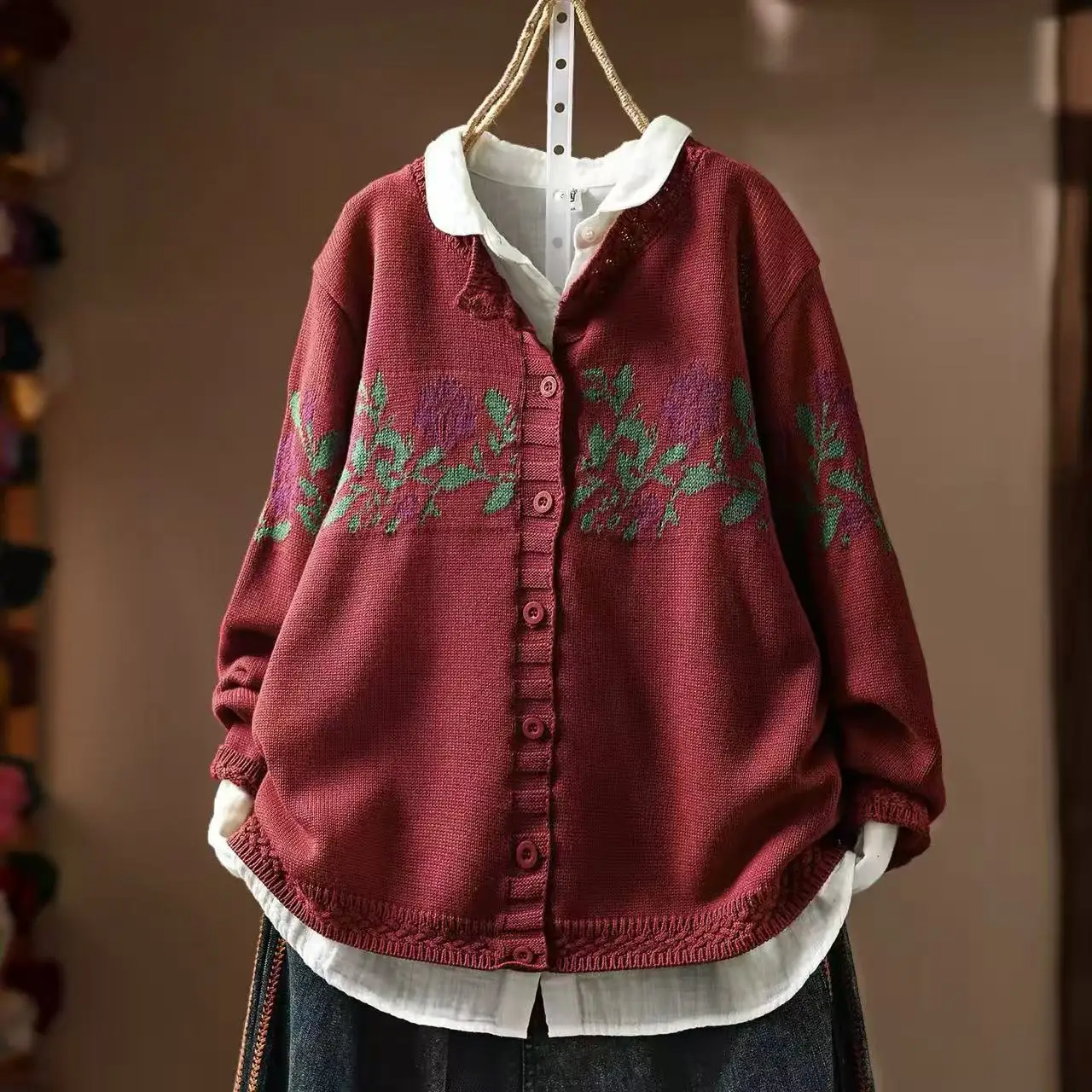 Women Vintage Floral Jacquard Knit Cardigan Japanese Style Round Neck Long Sleeve Loose‑Fit Cottagecore Sweater Jacket - view 4