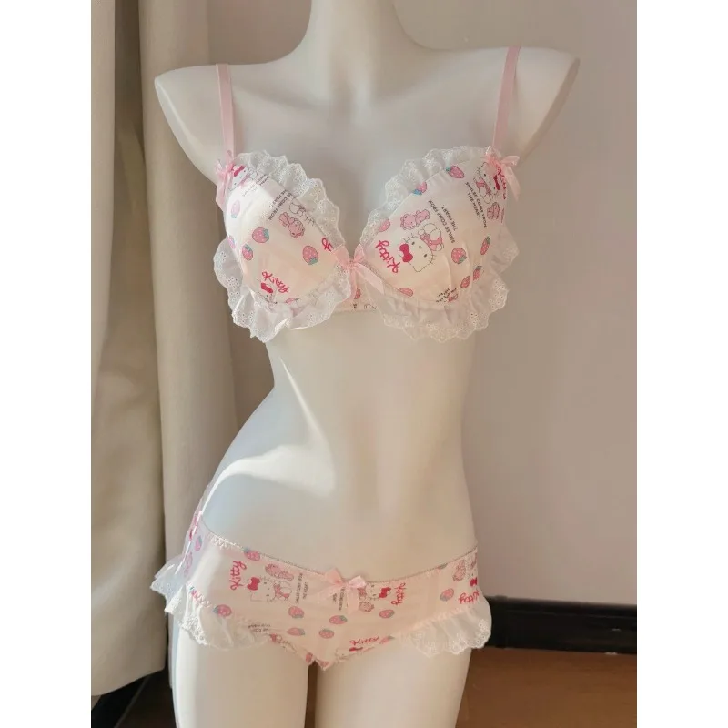 Japanese-style Cute Color-blocked Kitty Bow Lingerie, Wireless Lace Bra and Panty Set for Teen Girls, Push-up for Small Bust - view 5
