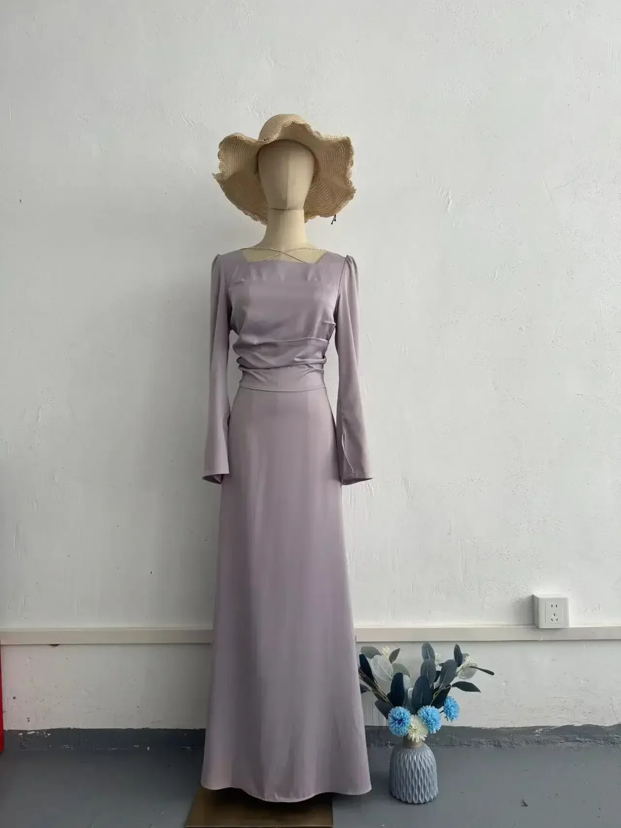 Frech Sweety Women's Dress Satin Mercerization Violet Solid Long Sleeve Folds Lace-up Square Neck Elegant Female Payty Dresses