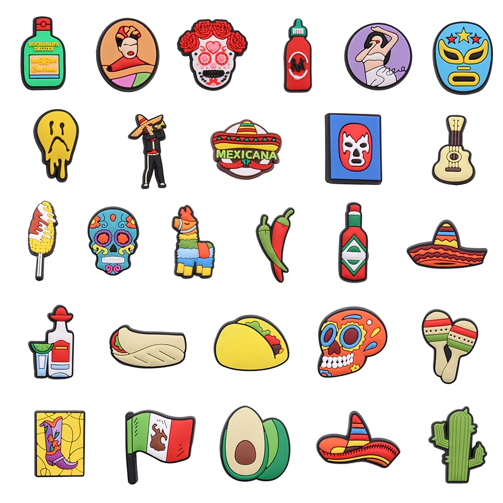 Sombrero de Taco de maíz de guitarra de 27 piezas, dijes de zapatos de PVC, Jalapeno, zapatilla Mexicana, hebilla de zapato, accesorios, adorno de diseñador para adultos