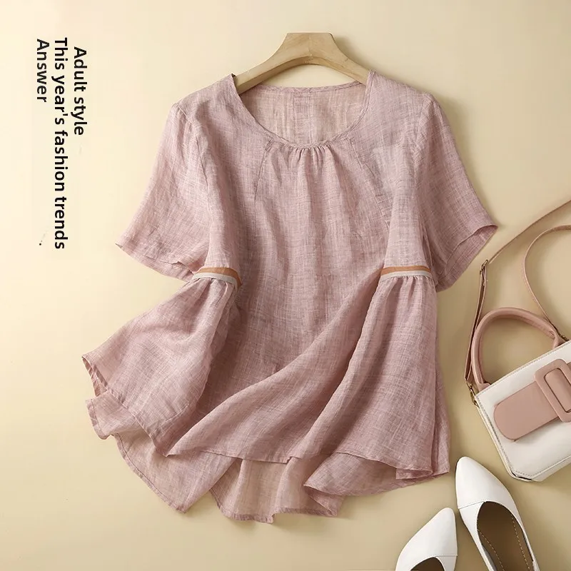 

Patchwork Cotton Linen Casual ort Sve round Ne T-irt Women plus Size Summer Top Asymmetric Design Cover Belly