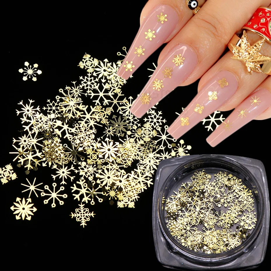 Gold Snowflakes Winter Nail Sequins Christmas Metal Flakes Holographic Spangles Nail Art Decoration Sticker Tips Manicure