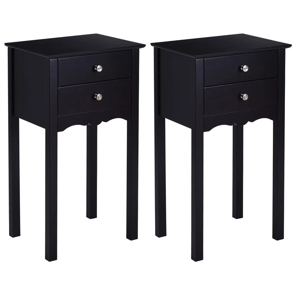 2 PCS Side Table End Accent Table Night Stand W/ 2 Drawers Black