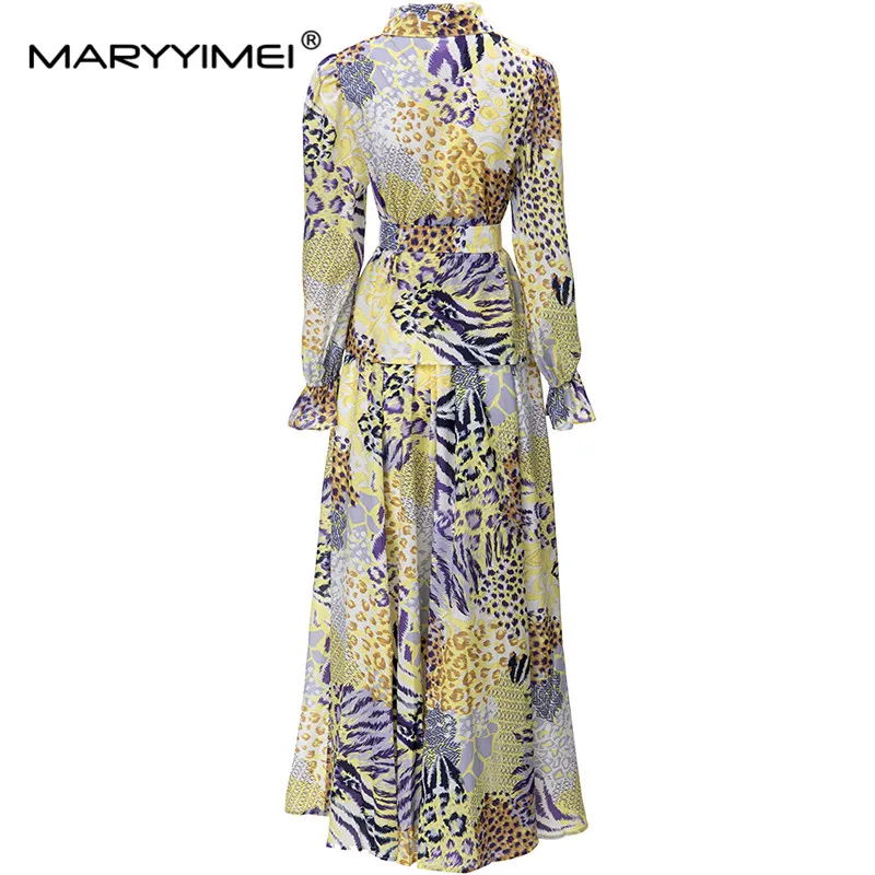 MARYYIMEI Runway New Fashion Designer Suit Women's Vogue Abstract printing Adjustable belt Tops+Loose Pleated Skirts 2pcs Set