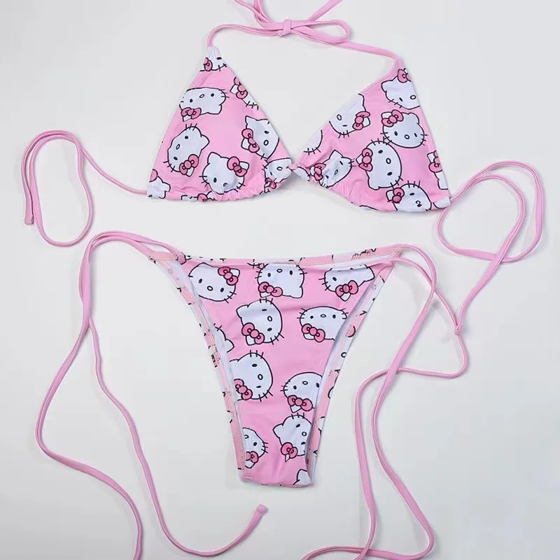 Hello Kitty lindo Bikini de vacaciones pechos pequeños reúnen juntos traje de baño de aguas termales dividido con almohadilla en el pecho traje de baño ropa regalo