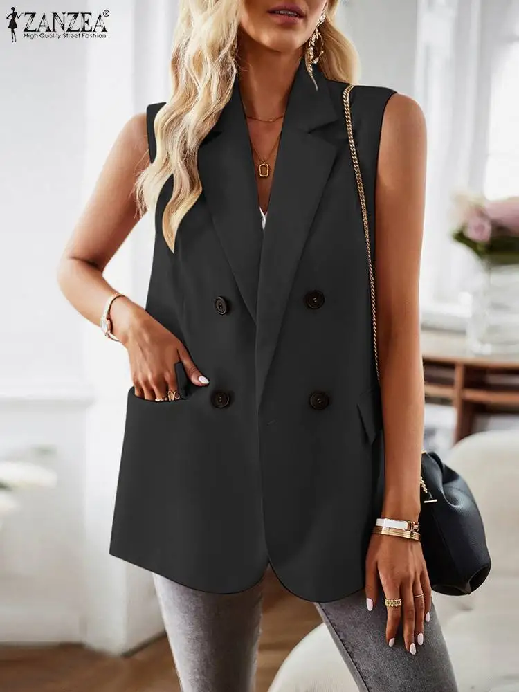 ZANZEA Women Office Double Breasted Suit Coats Fashion Sleeveless Blazer Vest 2023 Autumn Vintage OL Casual Lapel Blazer Femme