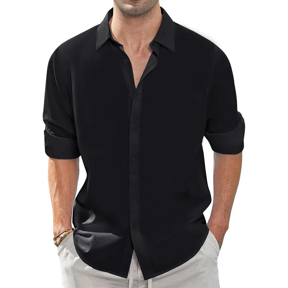 

2026 Spring Fall Men's Shirt Long Sleeve Lapel Collar Solid Color Basic Style Casula Breathable Lightweight Simple Fahion Shirts