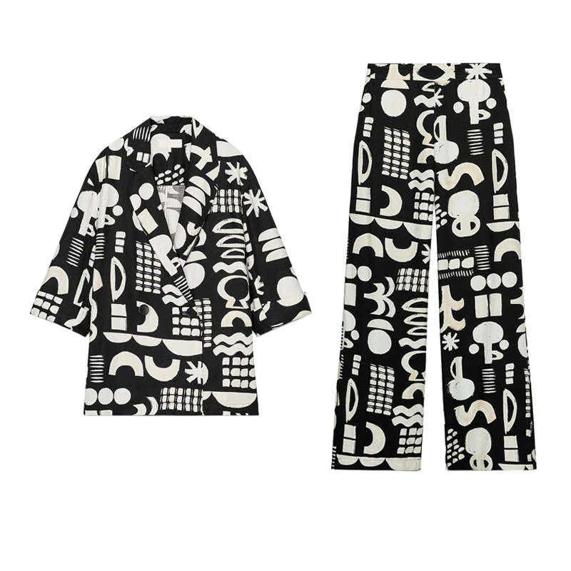 

Watercolor Pattern Long Sve irt Jaet And High Waist Straight Leg Pants Two Piece Set Faionable Busin Women Outfit