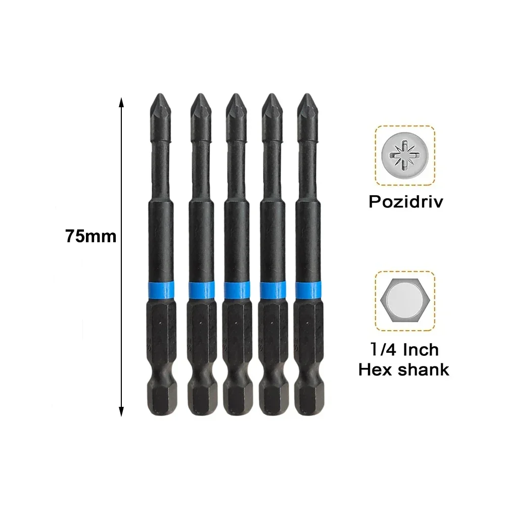 5 Stuks Magnetische Schroevendraaier Bit Set 75Mm 1/4Inch Schacht Pozidriv Kop Driver Bit Elektrische Schroevendraaier Bits Pz1 Pz2 Pz3