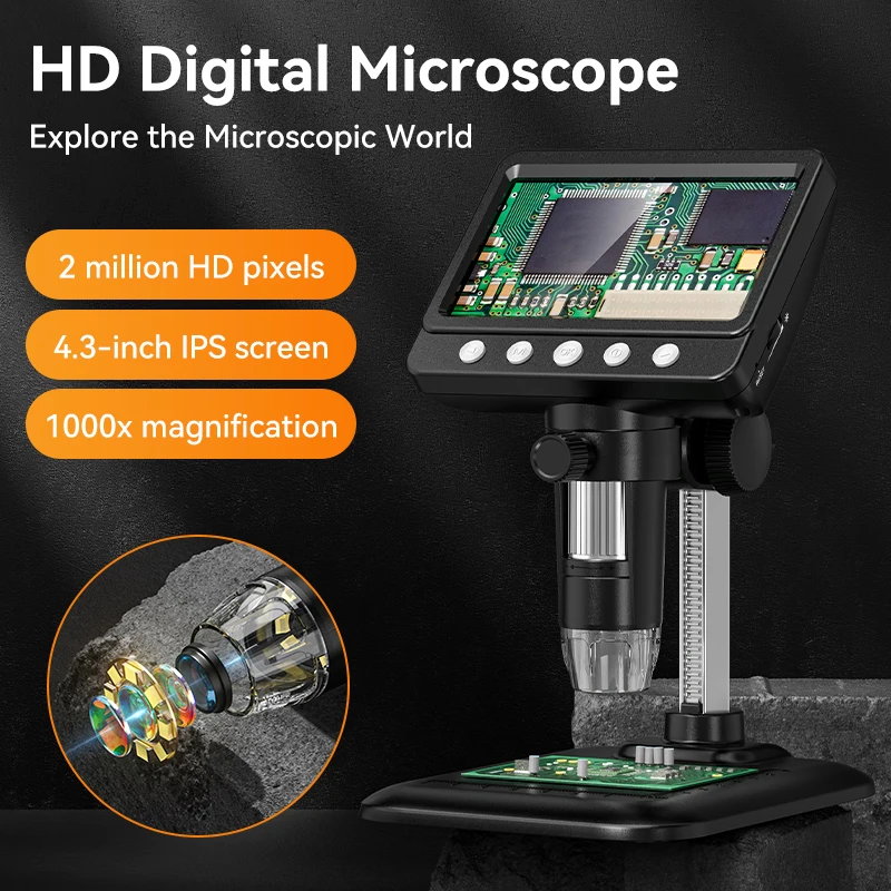 4.3 Inch IPS Digital Microscope 2MP HD Lens 1000X Magnification 8LED Adjust Light Electronic Microscopio Repair Coin Magnifier