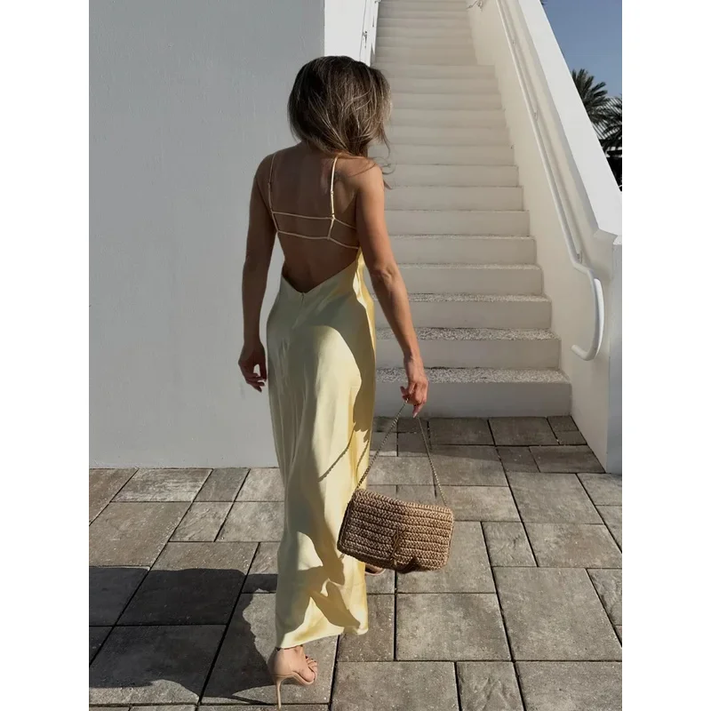 JIN Sexy Lady Solid Color Satin Strap Backless Long Dress Elegant Sleeveless Sling Maxi Dresses New  Woman Evening Party Robe