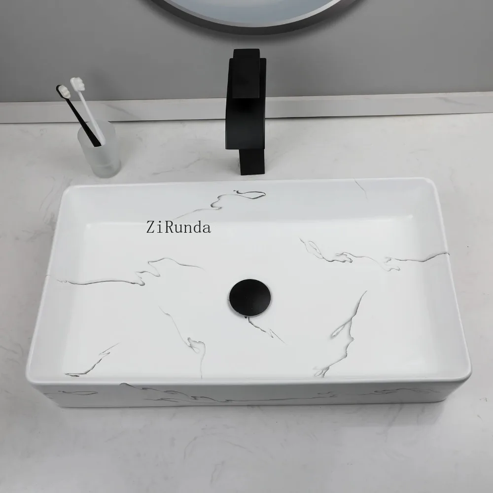 Rectangular marble bathroom container sink, ceramic container sink with faucet and drain pipe