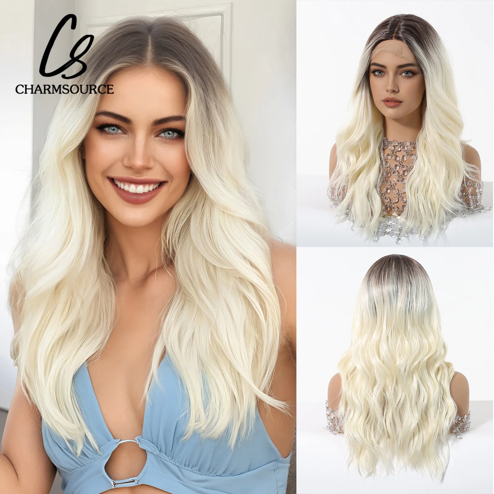 CharmSource Long Light Blonde Hair Body Wavy Front Lace Wigs Synthetic for White Black Women Daily Use Wig High Density