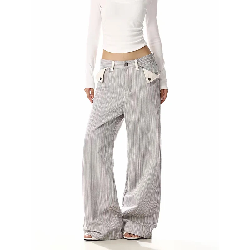ZHIZOU Women Gothic Y2k Gray Design Jeans Vintage 2000s High Street Grunge American Style Baggy Stripes Wide Leg Denim Pants